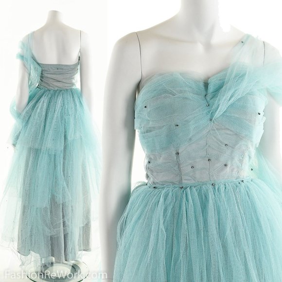 50's Tulle Dress, 1950's Strapless Dress, Blue Prom Dress, Rhinestone Dress, PIn - Picture 2 of 10